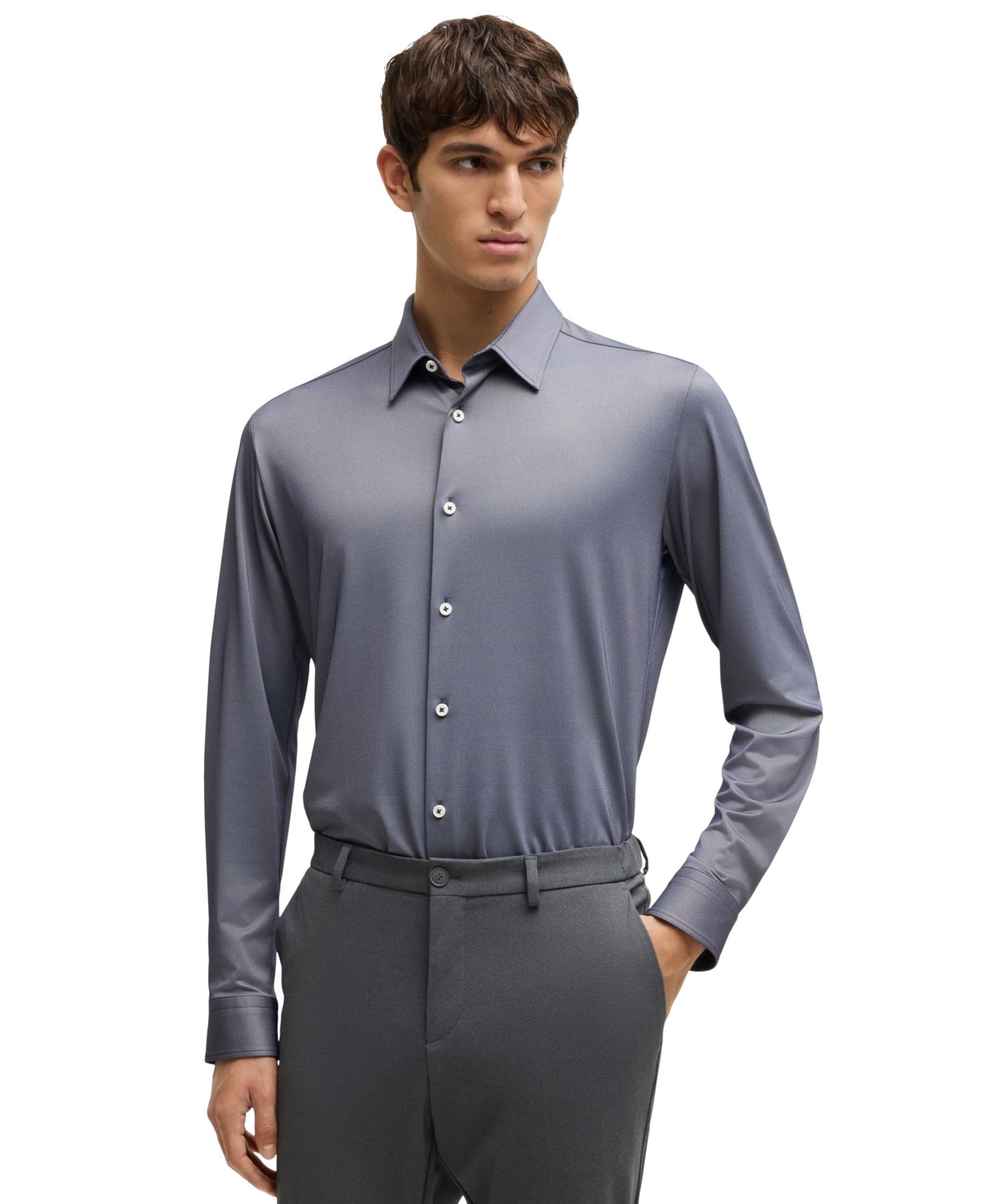 Мужская рубашка Hugo Boss Slim-Fit Performance-Stretch, цвет: Тёмный синий — фото 1