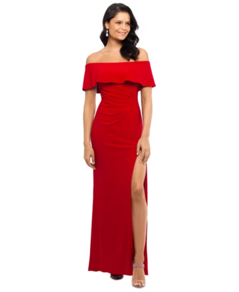 Petite Ruffled Off-The-Shoulder Gown - Red
