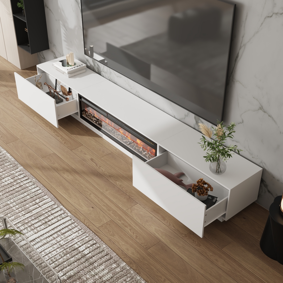 Tv stand with two drawers, retractable media console, white wooden entertainment center