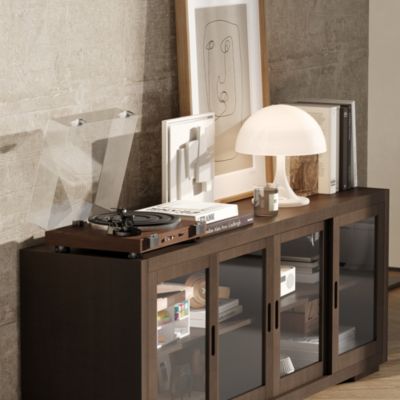 Solid Wood TV Stand with 4 Sliding Tempered Glass Doors,Media Console, Entertainment Center