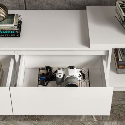 TV stand with two doors and one drawer, media console with six fixed shelves, entertainment center in white wood