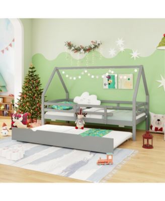 Twin House Bed with Trundle and Fence Rail