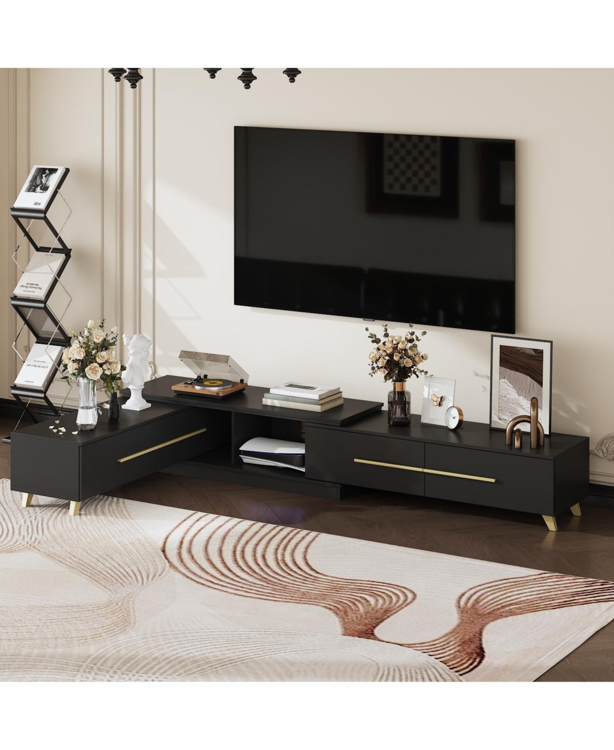 Retractable Tv stand with 4 drawers, media console metal handles and feet, splicable entertainment center
