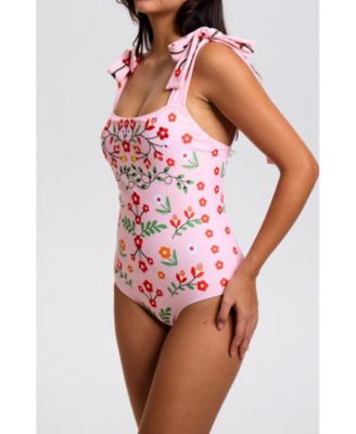 Women's Pink Floral Harmony Embroidered Swimsuit