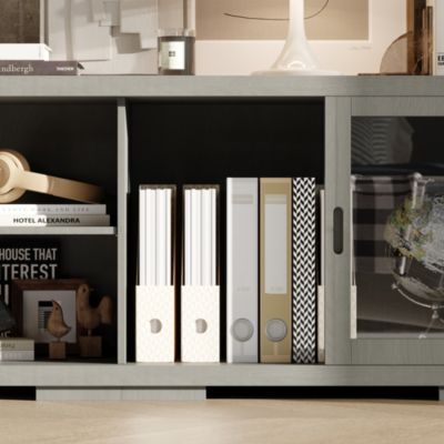 Solid Wood TV Stand with 4 Sliding Tempered Glass Doors,Media Console, Entertainment Center