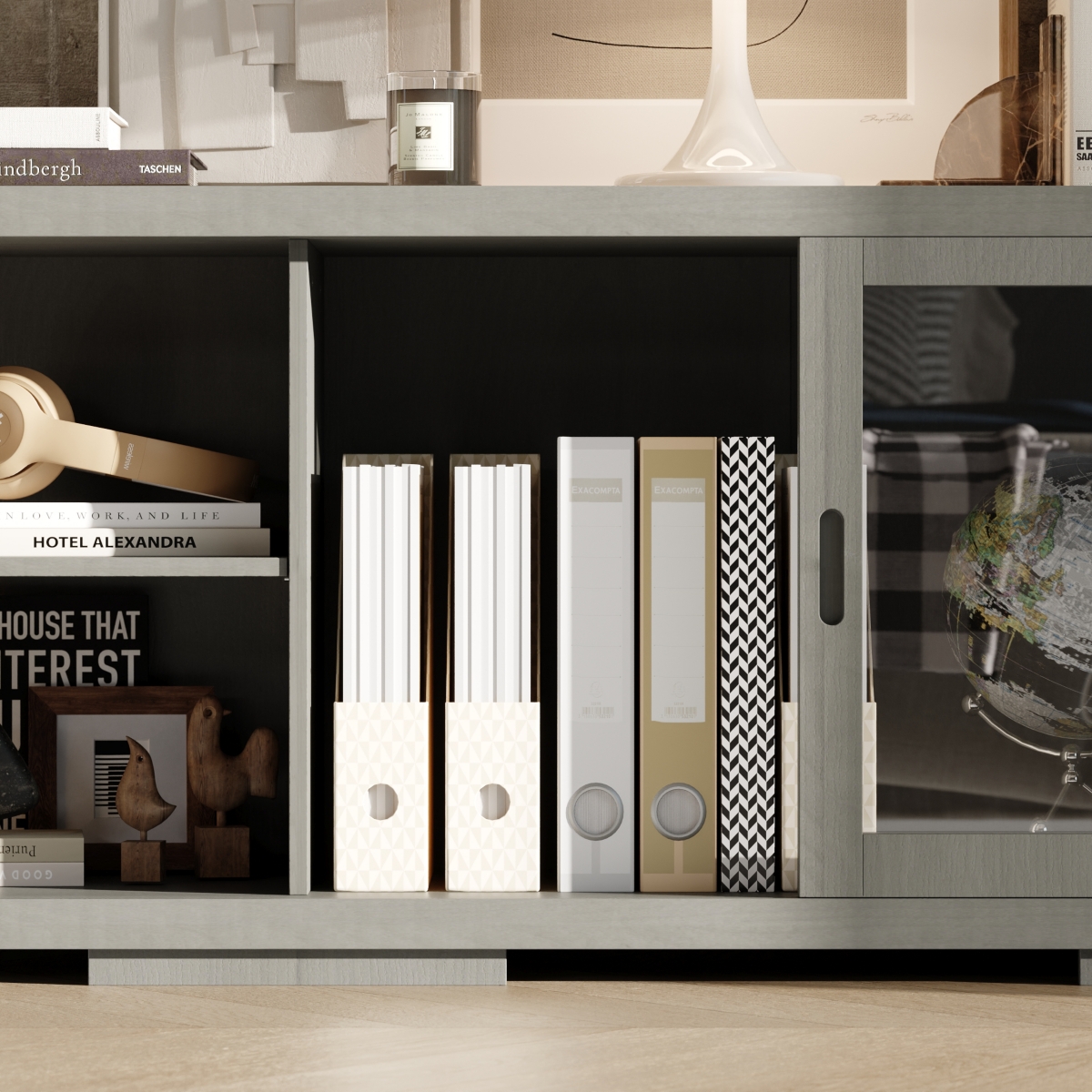 Solid Wood Tv Stand with 4 Sliding Tempered Glass Doors,Media Console