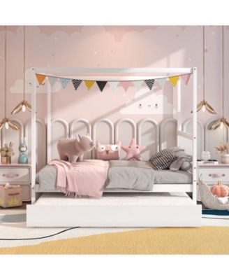 Full Size Canopy Bed with Trundle Wooden Platform Bed Frame Headboard