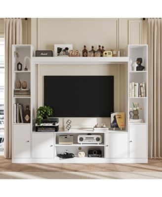 Black four-door TV stand, media console with movable shelves, multi-purpose entertainment center