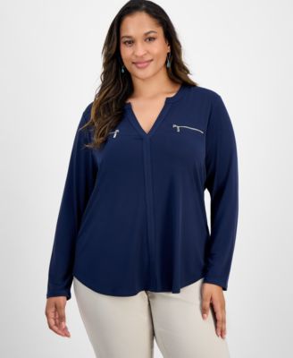 JM Collection - Plus Size Faria Stripe V-Neck Long-Sleeve Top