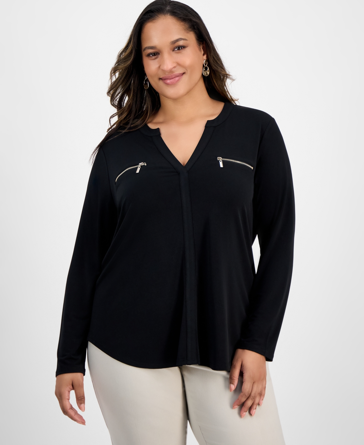 Jm Collection Plus Size Solid V-neck Long-sleeve Top, Macy's Exclusive In Black