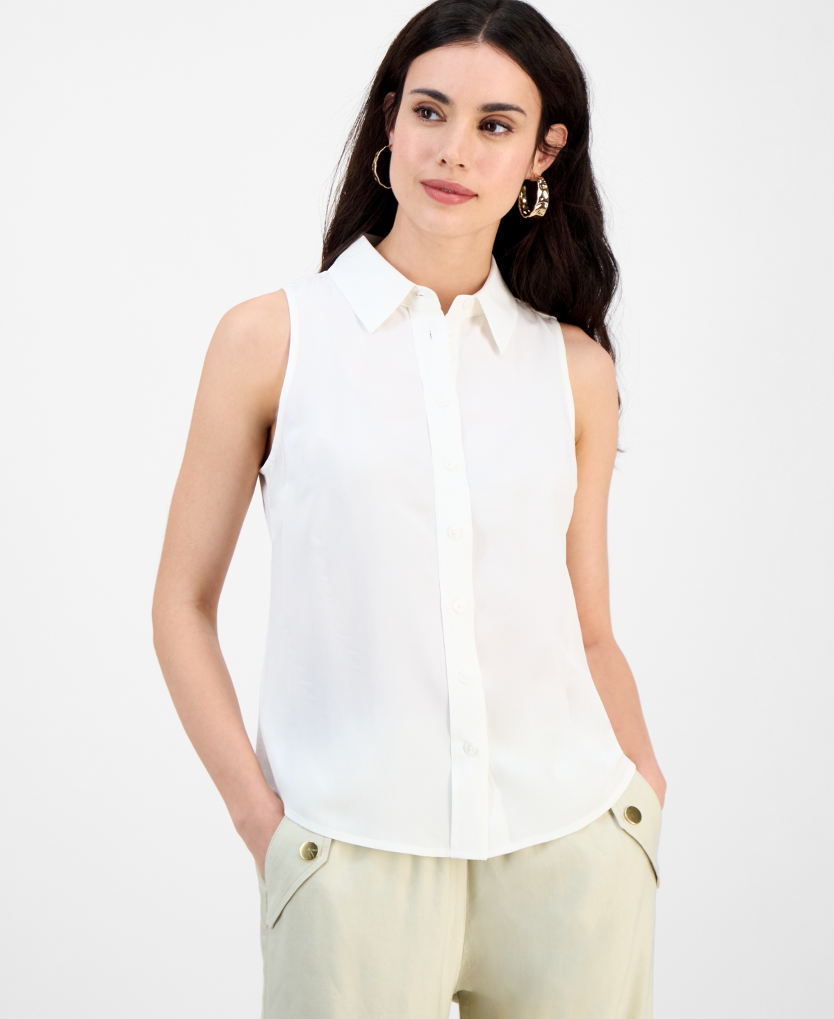 Inc International Concepts Petite Spread-collar Button-front Top, Exclusively At Macy's In White