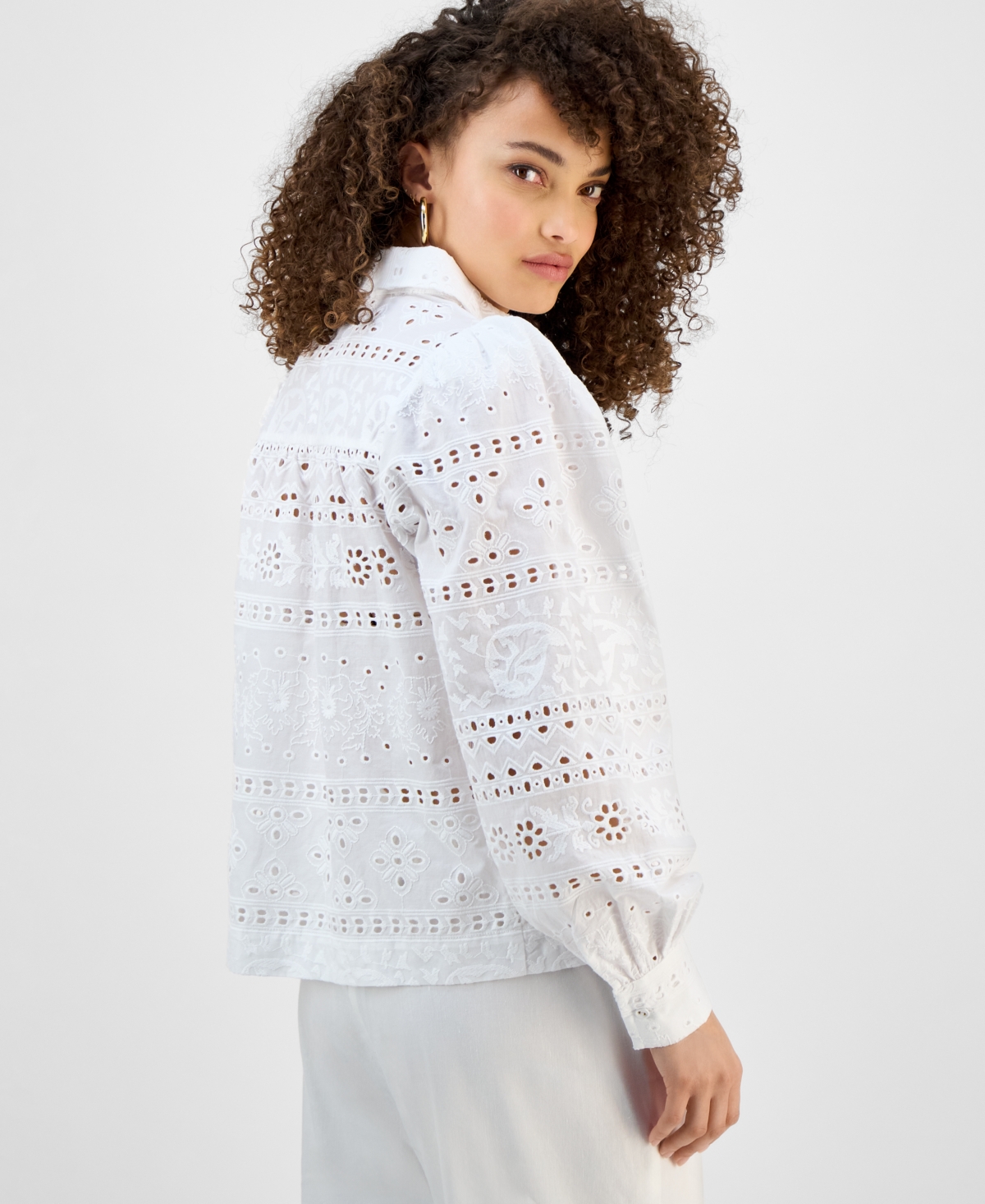 Inc International Concepts Petite Cotton Eyelet Button-front Top, Exclusively At Macy's