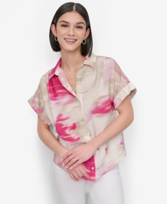 DKNY - Women's Printed Rumpled Voile Button-Front Shirt