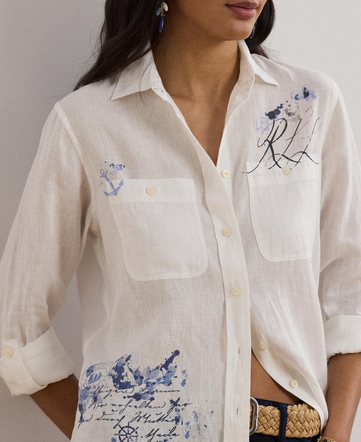 Ralph Lauren 100 Linen Womens Relaxed Fit Print Roll Tab Sleeve Shirt P Xs 3x In White