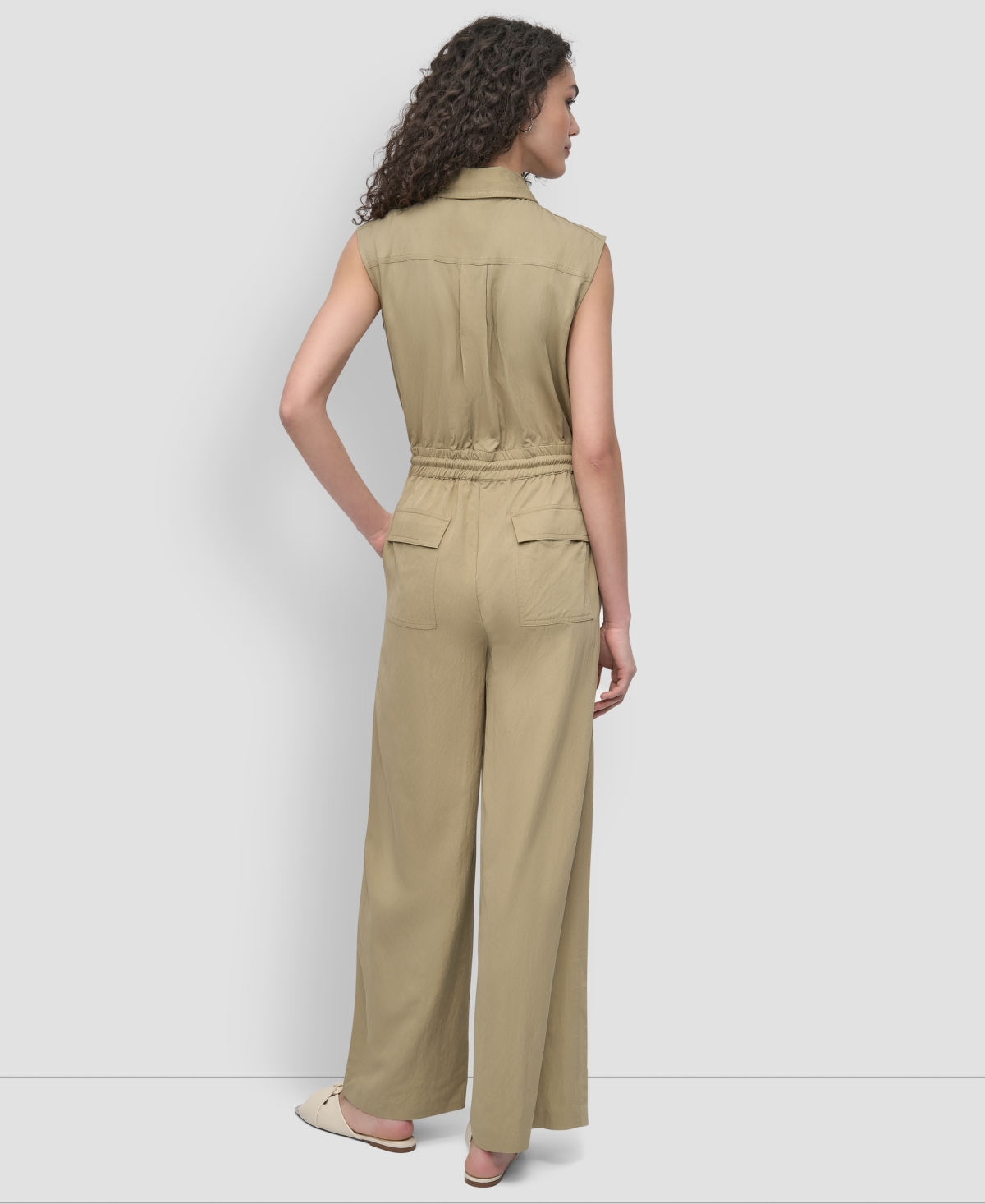 Shop Dkny Women's Twill Button-front Drawstring-waist Jumpsuit