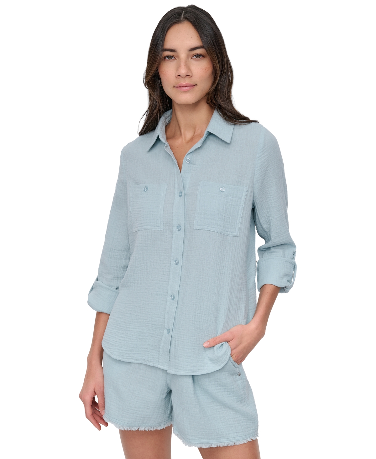 DKNY JEANS PETITE COTTON ROLL-TAB SHIRT 