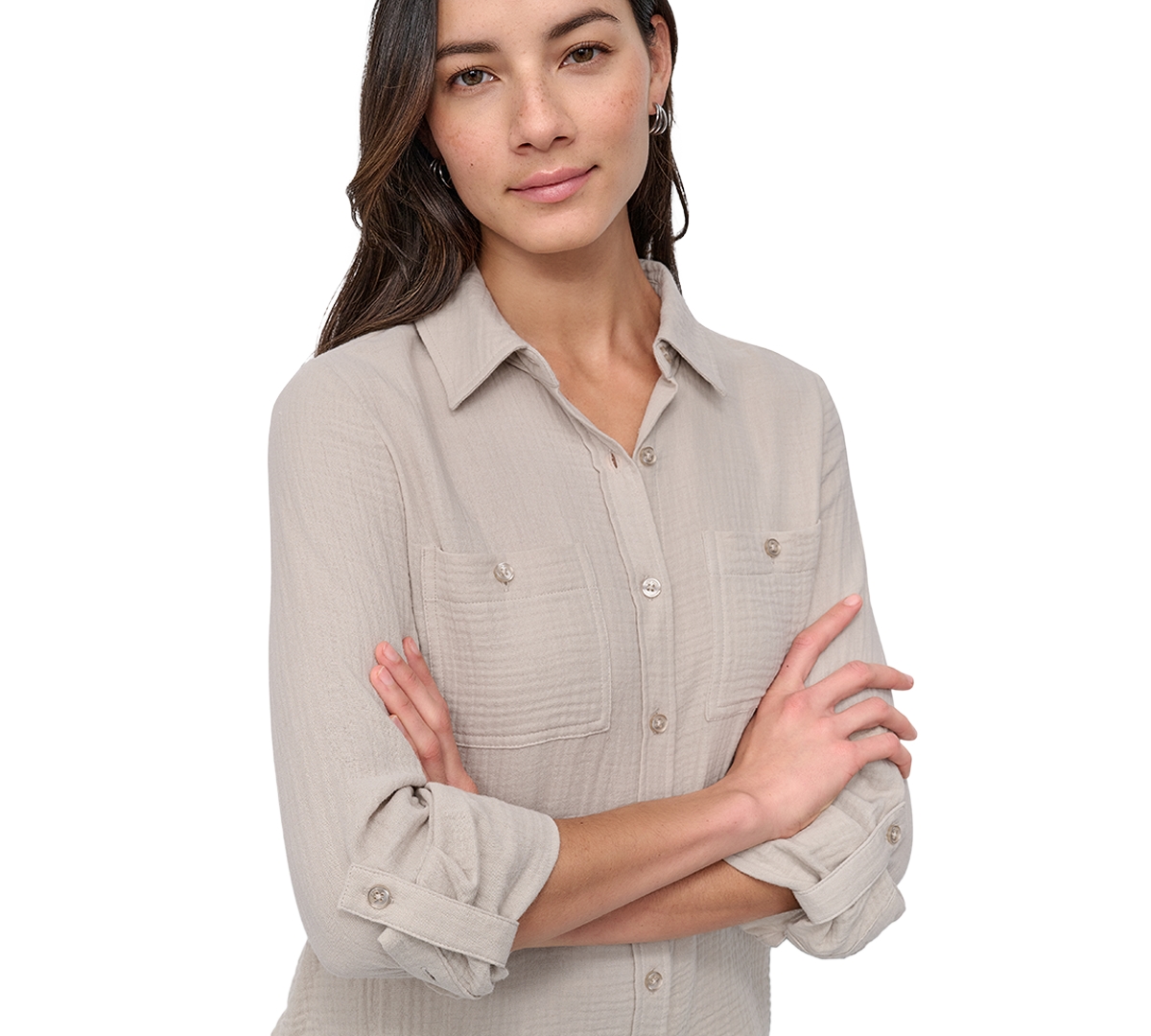 Dkny Jeans Petite Cotton Roll-tab Shirt In Pebble