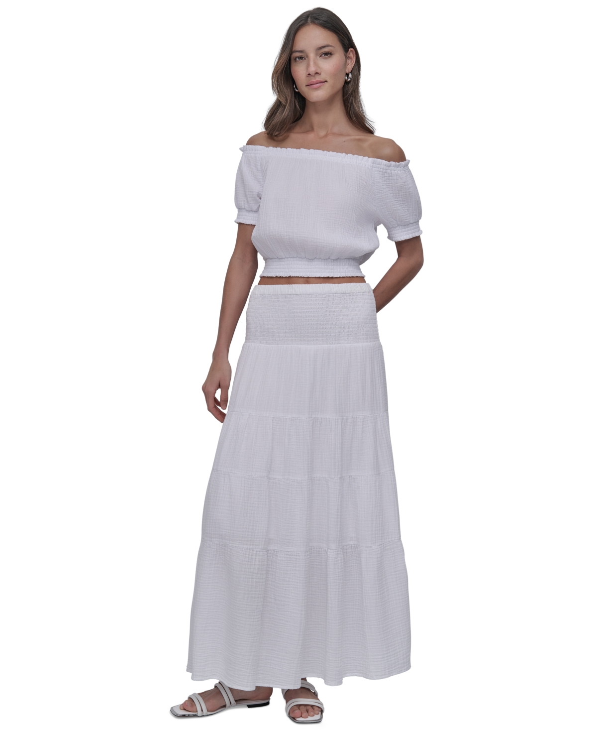 Petite Cotton Smocked-Waist Tiered Maxi Skirt - White