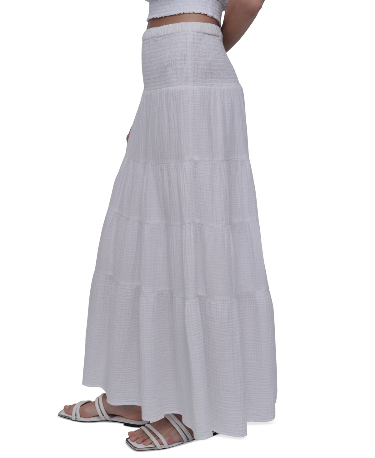 DKNY JEANS PETITE COTTON SMOCKED-WAIST TIERED MAXI SKIRT 