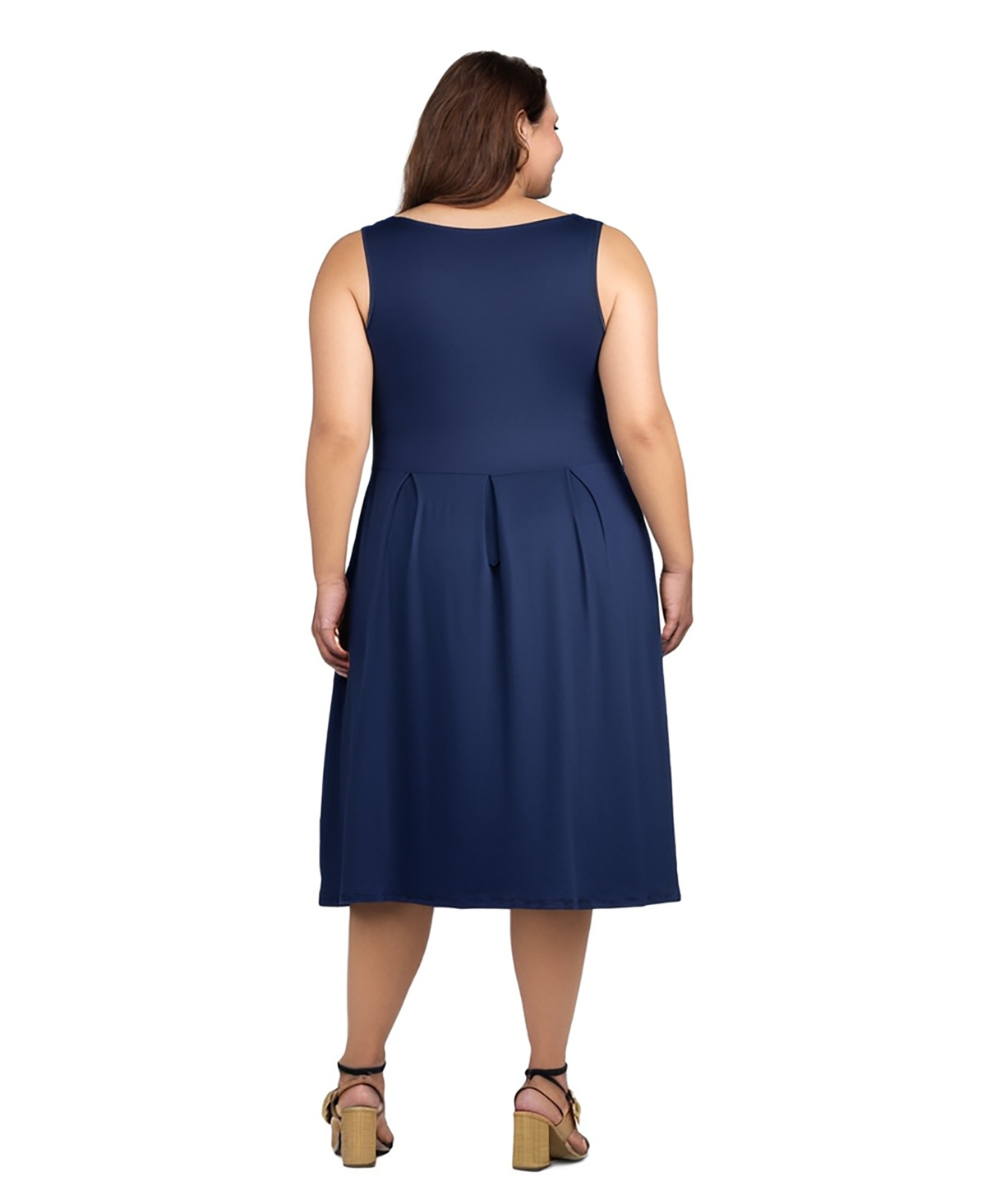 24seven Comfort Apparel Plus Size Sleeveless Midi Fit And Flare Pocket Dress In Navy