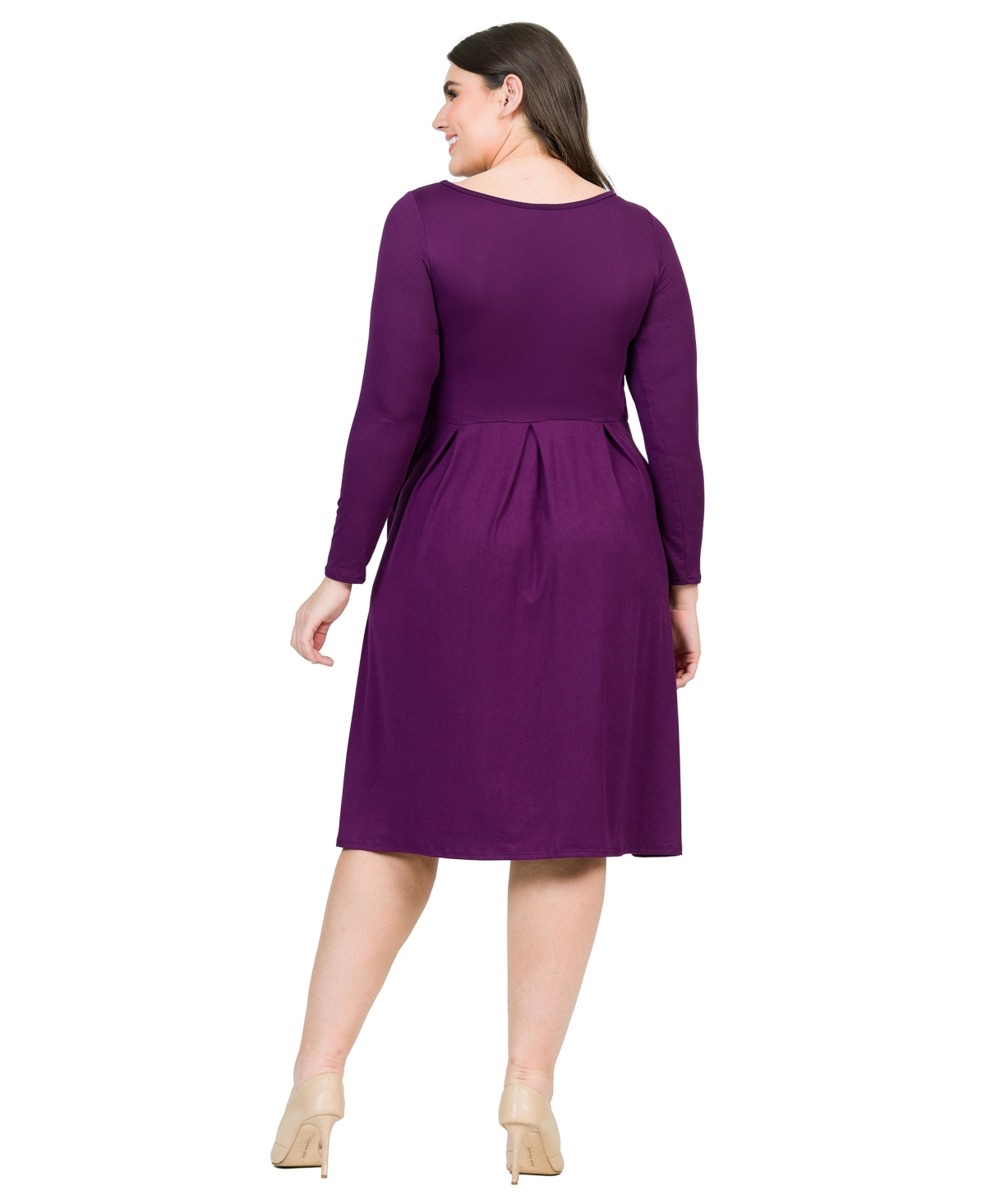 24seven Comfort Apparel Plus Size Long Sleeve Fit And Flare Midi Dress In Purple