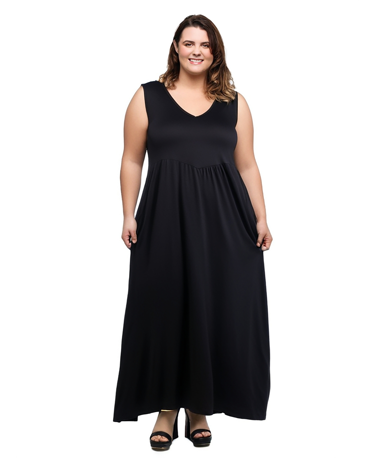 24seven Comfort Apparel V Neck Sleeveless Maternity Maxi Dress With Belt In Black