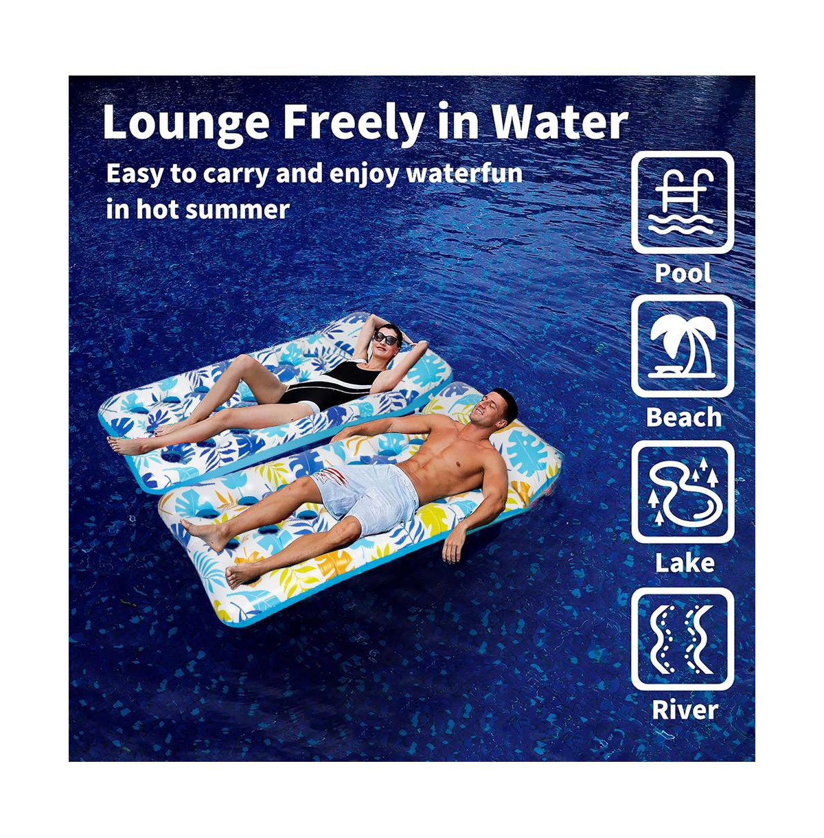 2 Piece Float Set Lounger Inflatable Pool Floats Reclining Chair Pedal Cup Holder White Blue