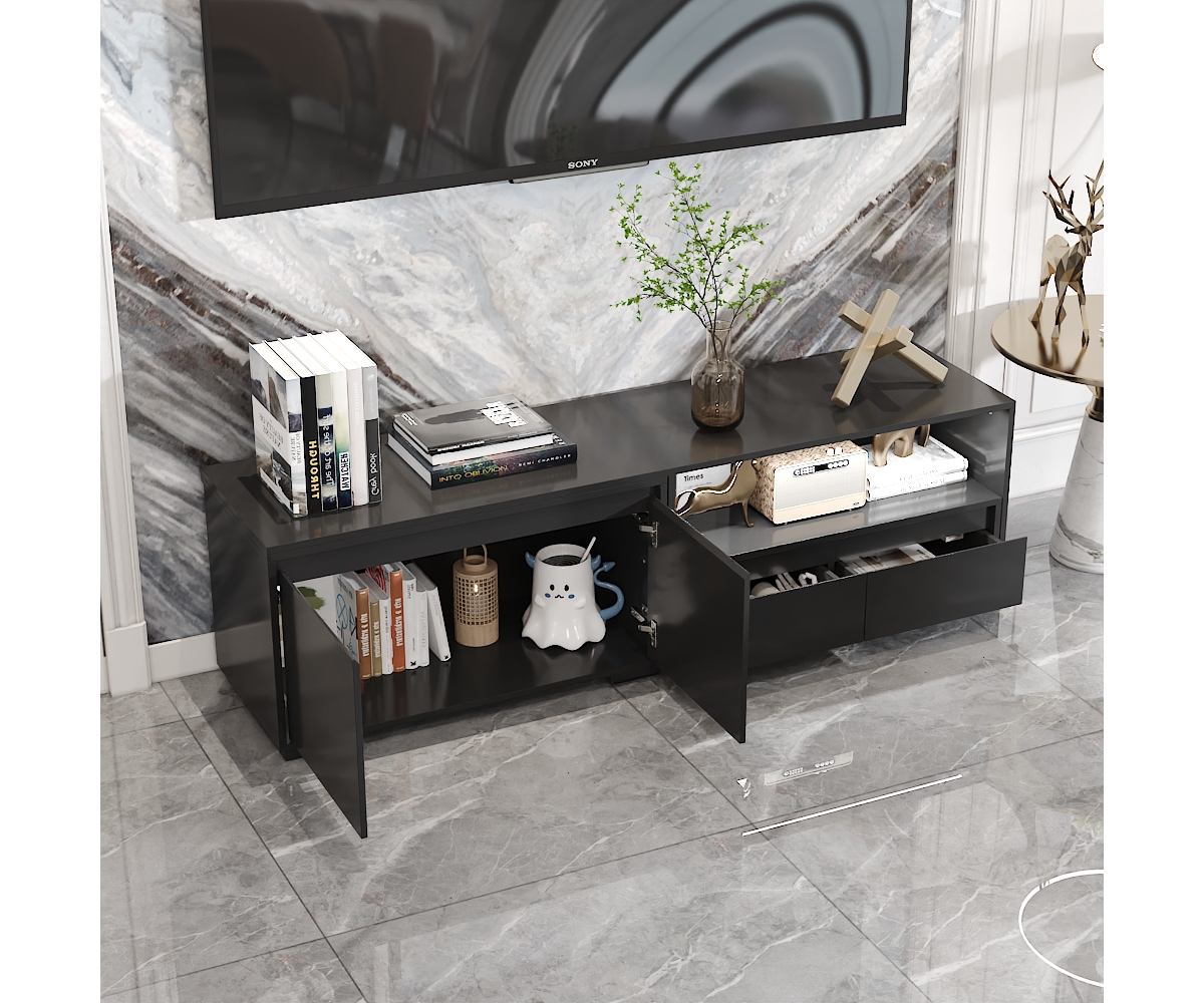 Tv stand with 2 drawers, 2 cabinet doors, retractable media console, black wood entertainment center