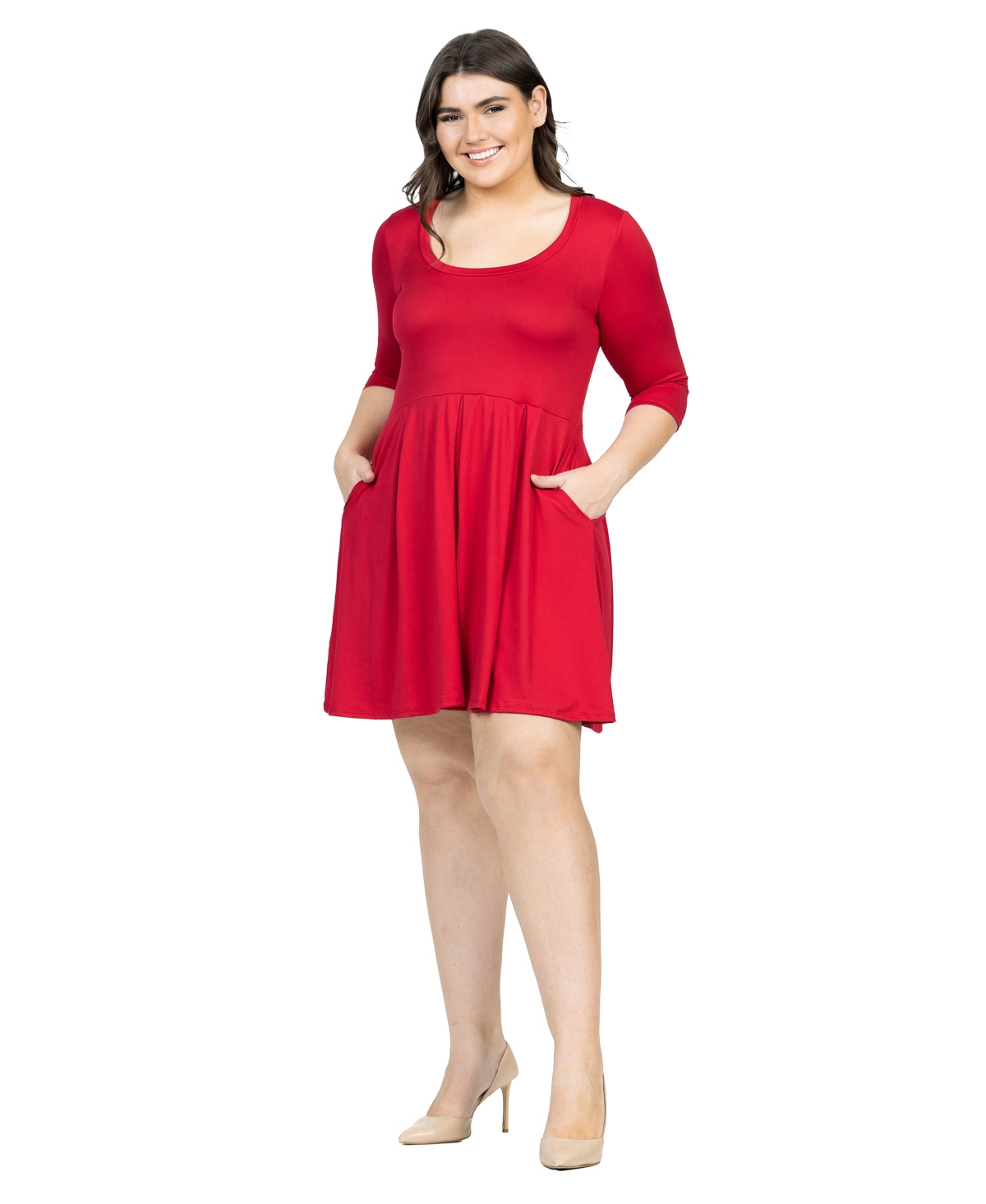 24seven Comfort Apparel Plus Size Fit And Flare Elbow Sleeves Dress In Red