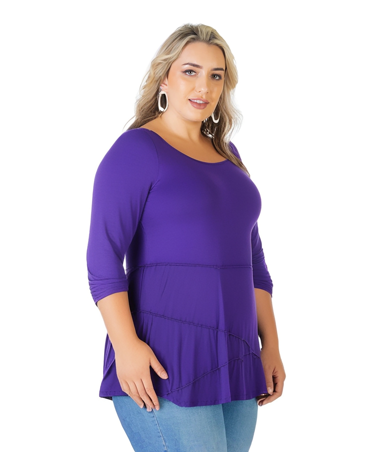 24seven Comfort Apparel Plus Size Ruched Sleeve Swing Tunic Top In Purple