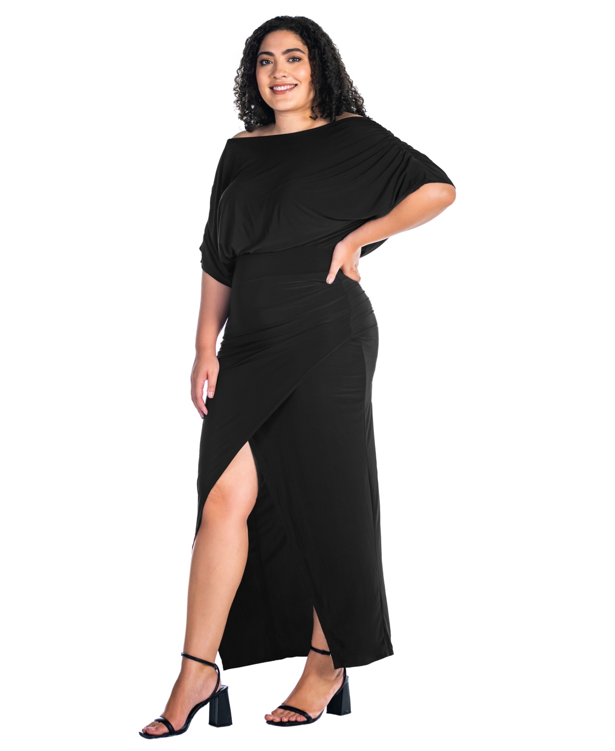 24seven Comfort Apparel Plus Size Boat Neck Batwing Sleeve Slit Maxi Dress In Black
