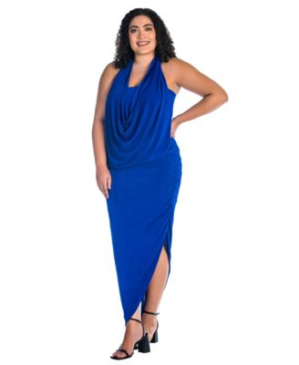 Plus Size Cowl Neck Long Asymmetrical Backless Halter Dress
