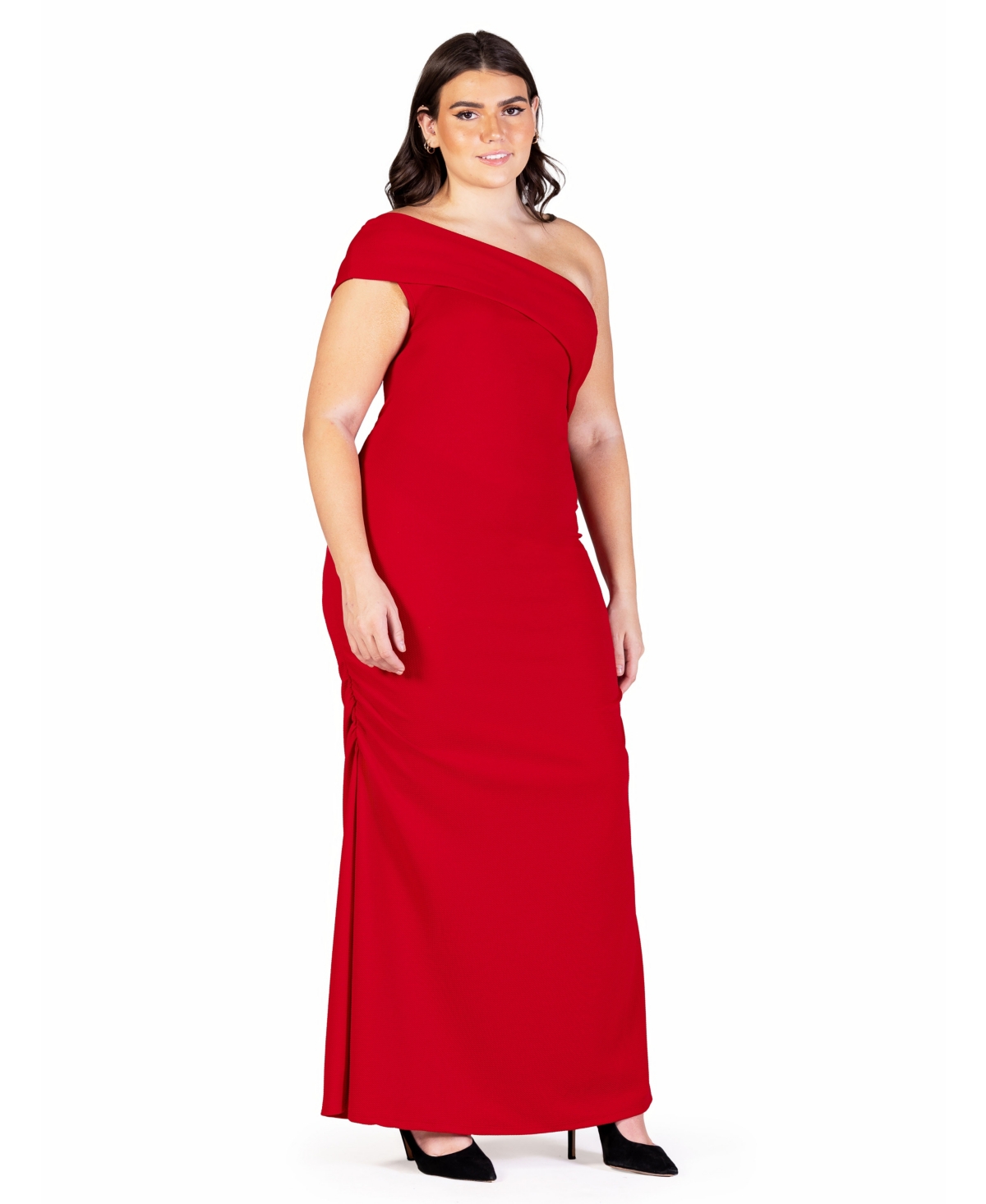 24seven Comfort Apparel Plus Size Formal One Shoulder Rouched Mermaid Maxi Dress In Ruby