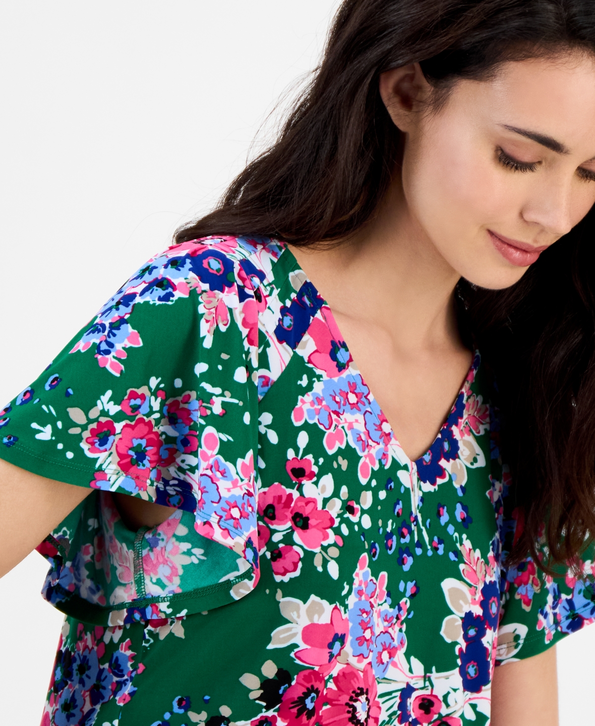 Ak Anne Klein Petite Printed V-neck Flutter-sleeve Top