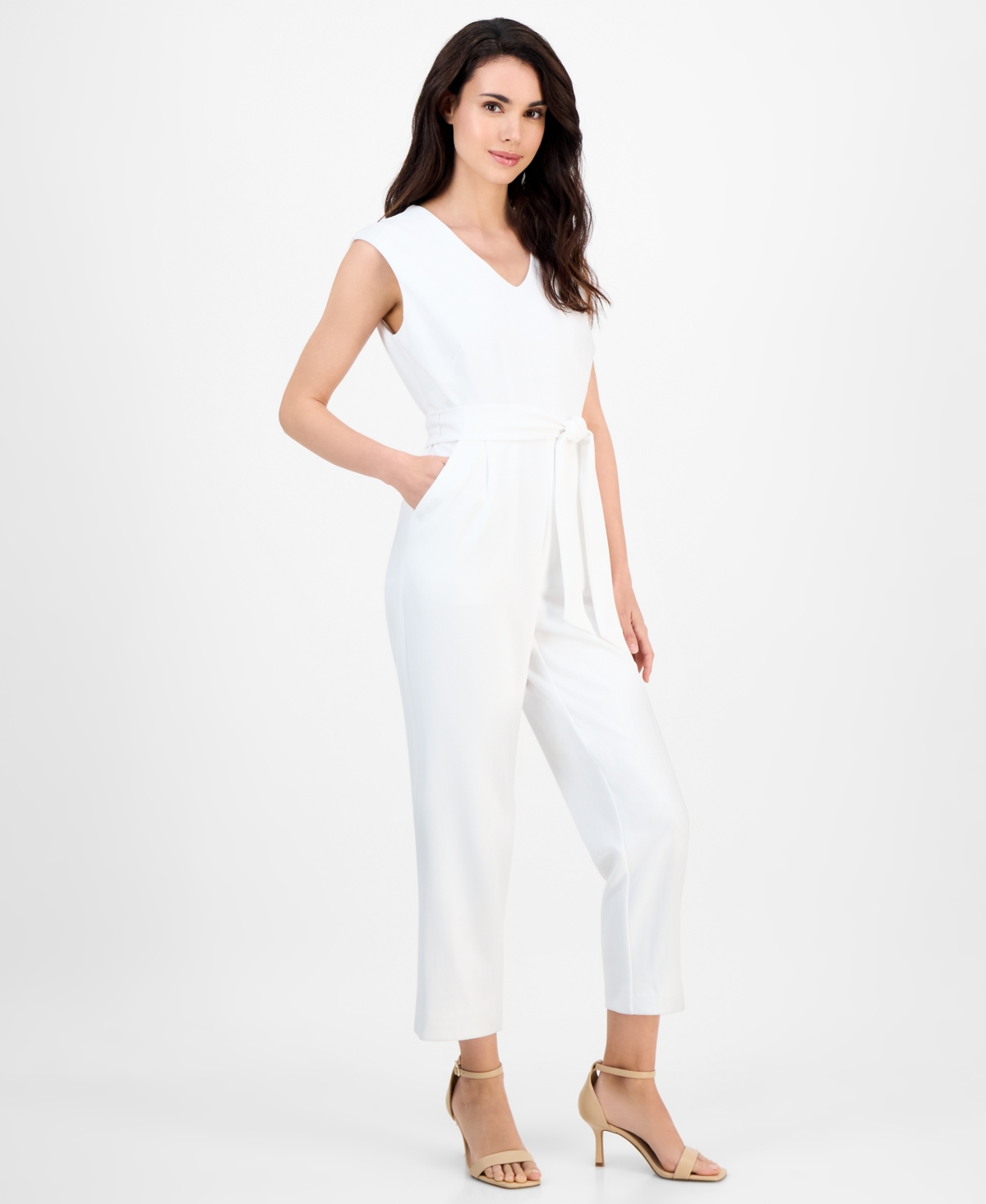 Ak Anne Klein Petite V-neck Extended-shoulder Cropped Jumpsuit