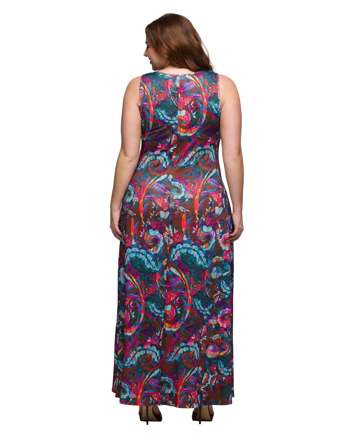 24SEVEN COMFORT APPAREL PLUS SIZE PRINT SCOOP NECK A-LINE SLEEVELESS MAXI DRESS 