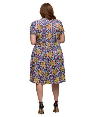 Plus Size Print Short Sleeve Knee Length V-Neck Wrap Dress