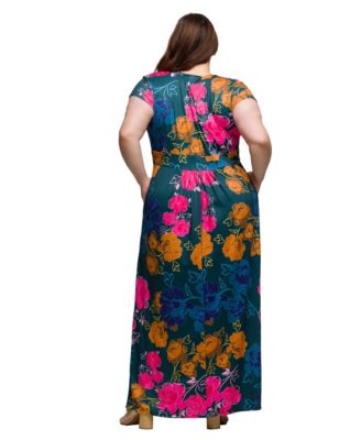 Plus Size Cap Sleeve V-Neck Side Slit Pocket Maxi Dress