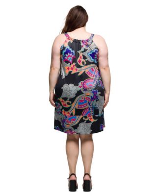 Plus Size Knee Length Print Sleeveless Keyhole Dress