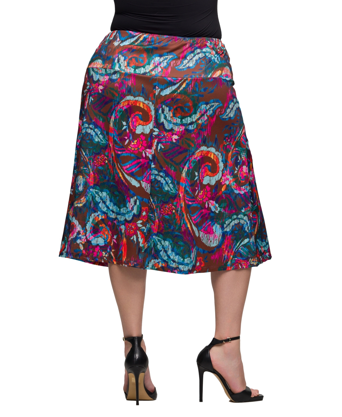 24seven Comfort Apparel Plus Size Print Comfortable Elastic Waist Knee Length Skirt In Brown Multi