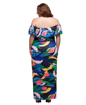 Plus Size Off Shoulder Print Side Slit Maxi Dress