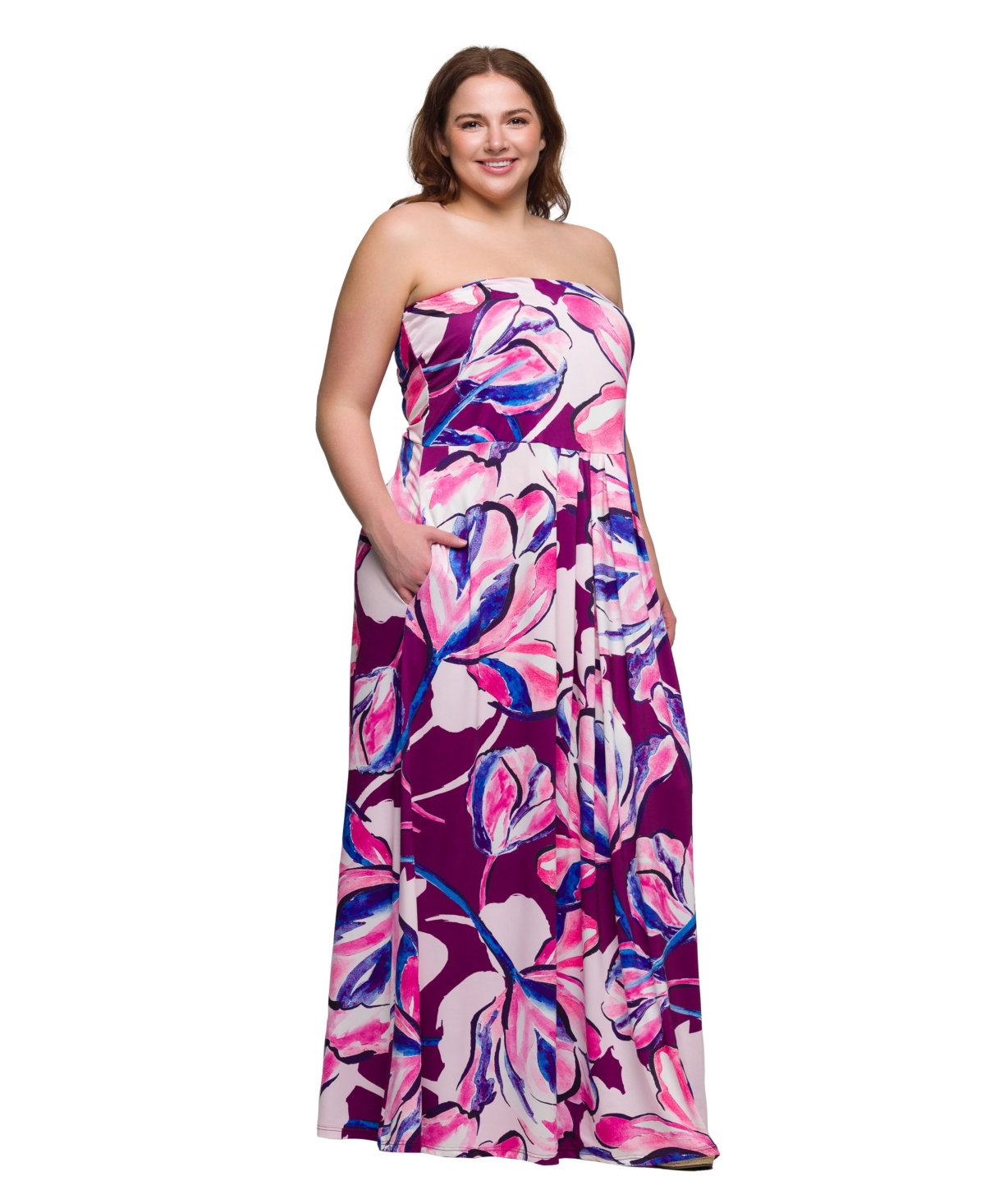24seven Comfort Apparel Plus Size A-line Strapless Maxi Dress With Pockets In Pulple Multi