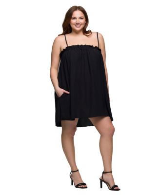 Plus Size Square Neck Spaghetti Strap Smocked Pocket Mini Dress