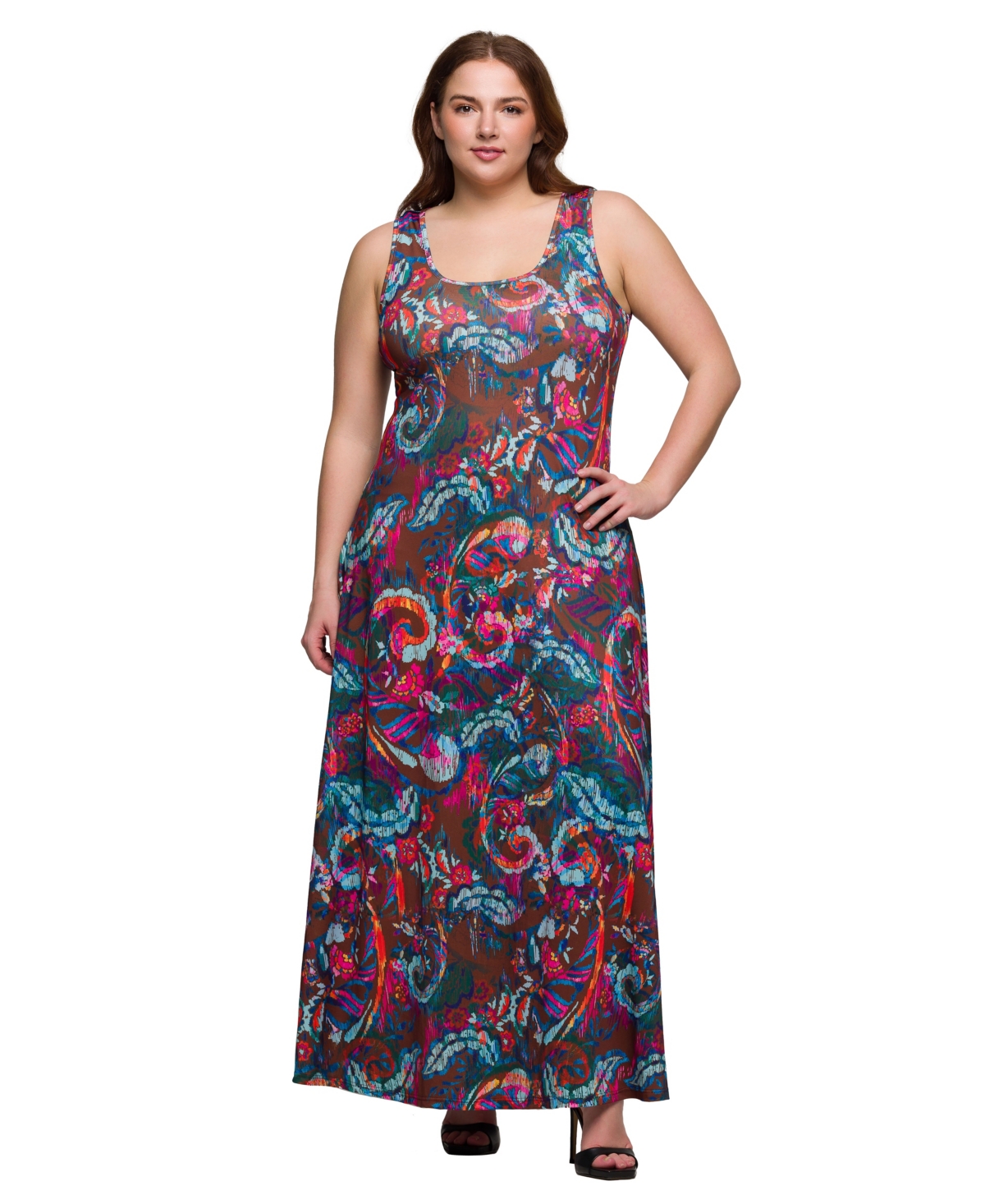 24SEVEN COMFORT APPAREL PLUS SIZE PRINT SCOOP NECK A-LINE SLEEVELESS MAXI DRESS 
