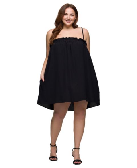 Женское платье 24seven Comfort Apparel Plus Size Square Neck Spaghetti Strap Smocked Pocket Mini, цвет: Чёрный