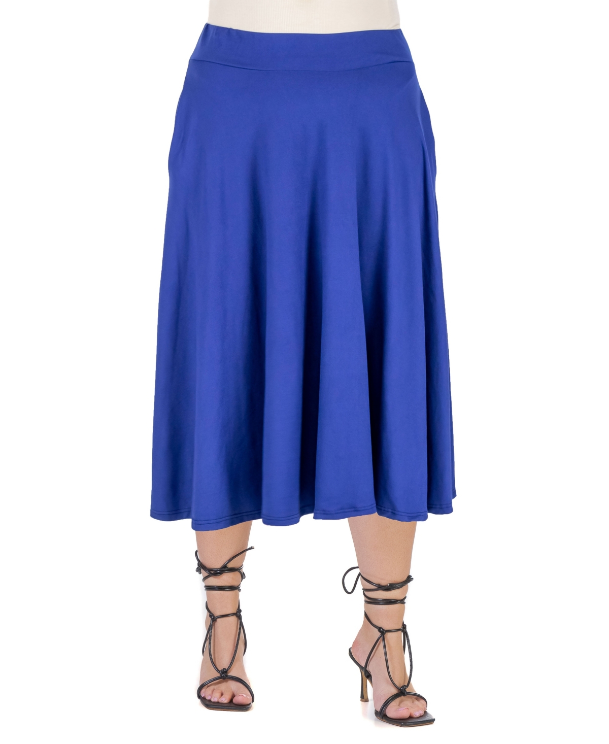 24seven Comfort Apparel Plus Size Elastic Waist Pleated Pocket Midi Skirt In Navy