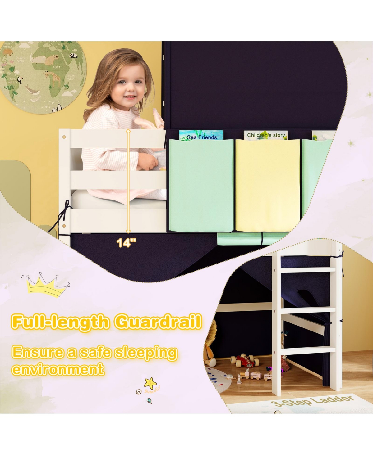 Twin Size Loft Bed Playhouse Bed Frame with Tower Tent and 3 Storage Pockets