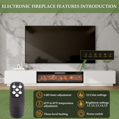 46 Inch black Crystal Electric Fireplace with White TV Stand, 12 Color Flame, 5 Brightness Levels