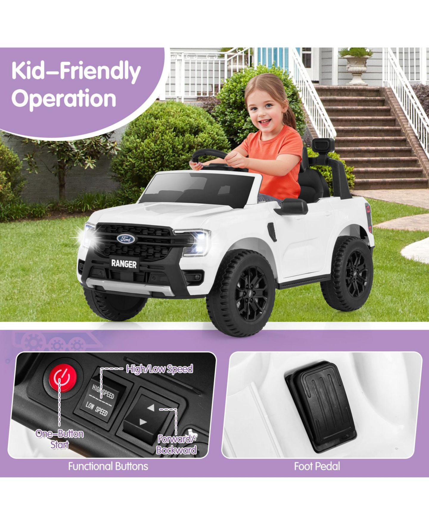 Детская игрушка HONGGE Ford Ranger 12V Remote Control Ride-On Car with Bluetooth Music, Ages 3+, цвет: Белый — фото 4