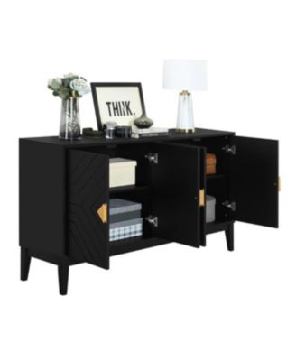 4-Door Black Sideboard Cabinet with Gold Handles and Adjustable Shelf